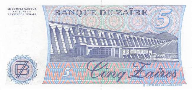Zaire p26A 5 Zaires 1985 back